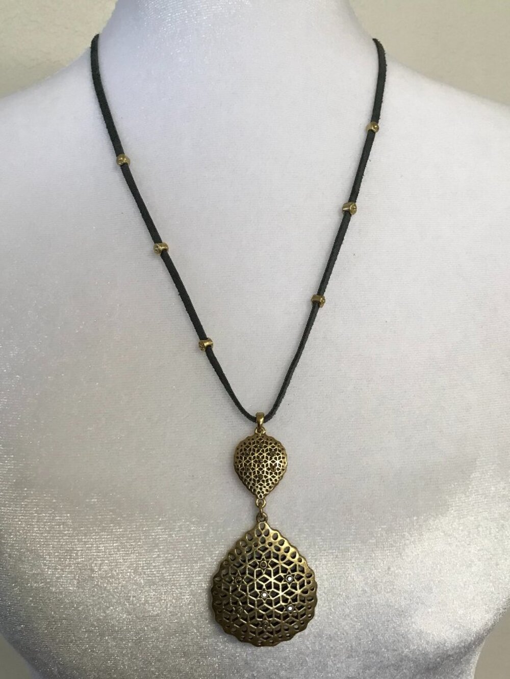 Lucky Brand Black Cord Filigree Pendant Adjustable Necklace Gold Tone Boho